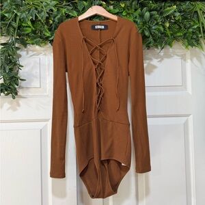Reformation Avalon Ribbed Lace Up Bodysuit Cocoa Brown XS